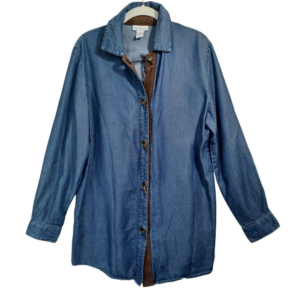 Soft Surroundings Shirt Blouse Chambray Denim Buckle Up Top Womens Medium